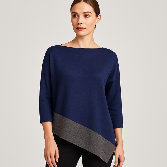 St. John Asymmetrical Boatneck Sweater in Navy/Gray  100% Wool - Picture 1 of 12